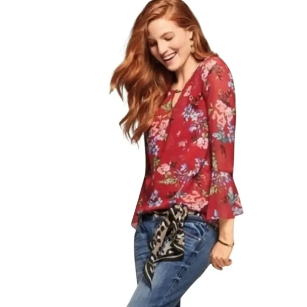 Cabi Devoted Red Floral Bell Sleeve Blouse S Sheer Lined Boho Festival Bloom Top